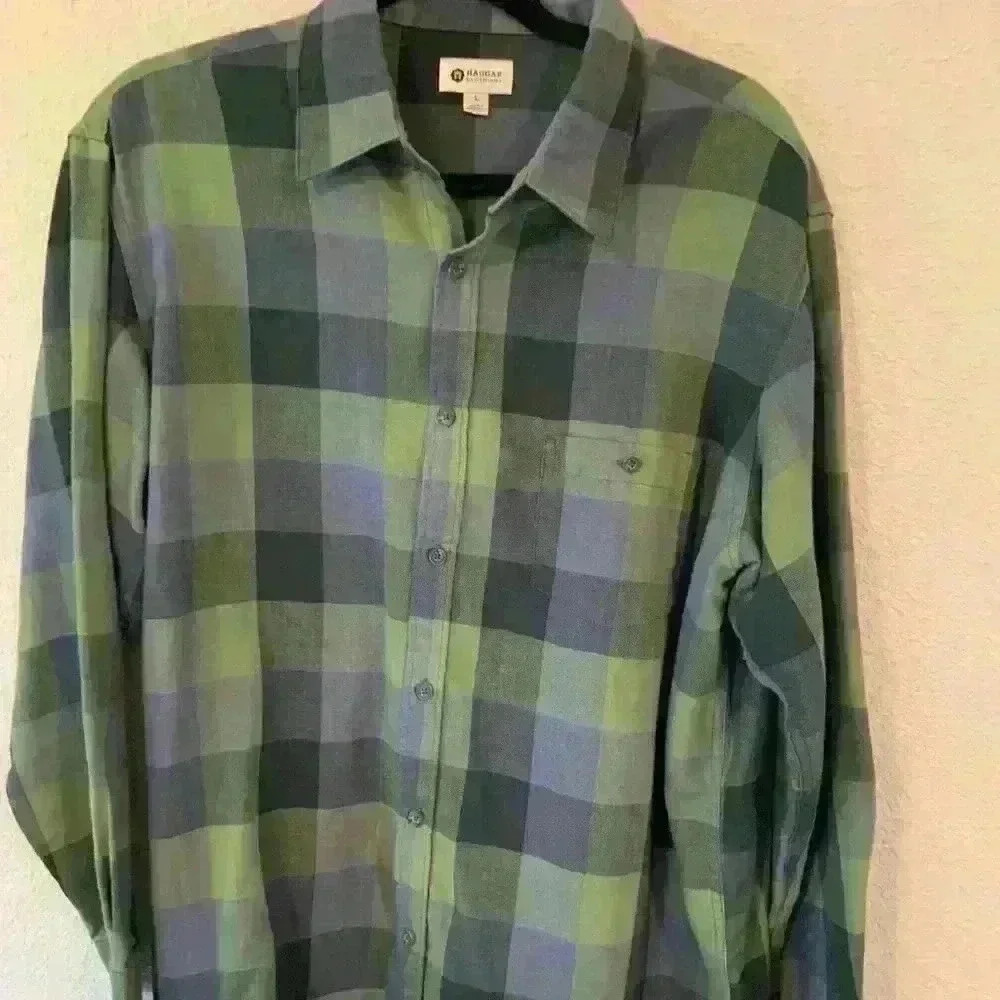 Green plaid Haggar button down long sleeve shirt size large